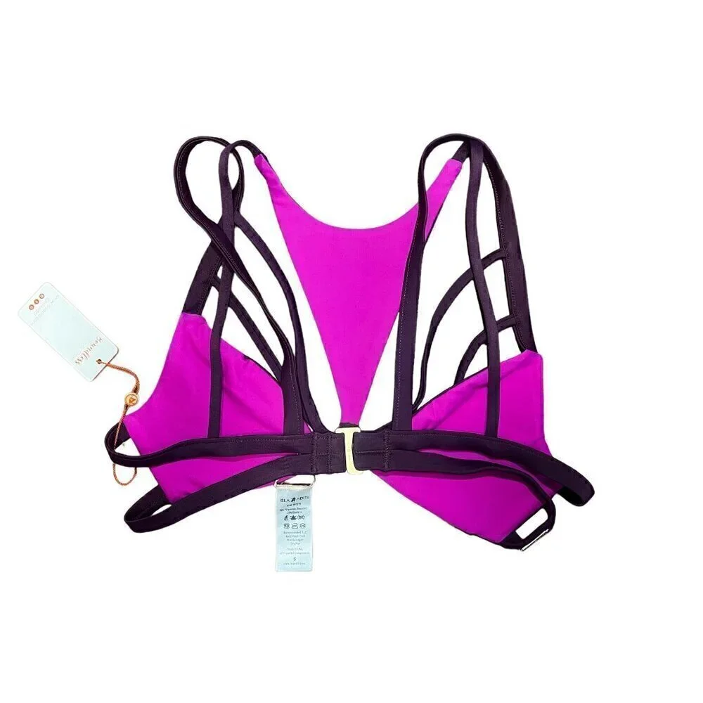 ISLA ADITI, SWIMWEAR TOP, PURPLE &PINK, STRAPPY GOLD HARDWARE, TRINGLE, BEACHY,